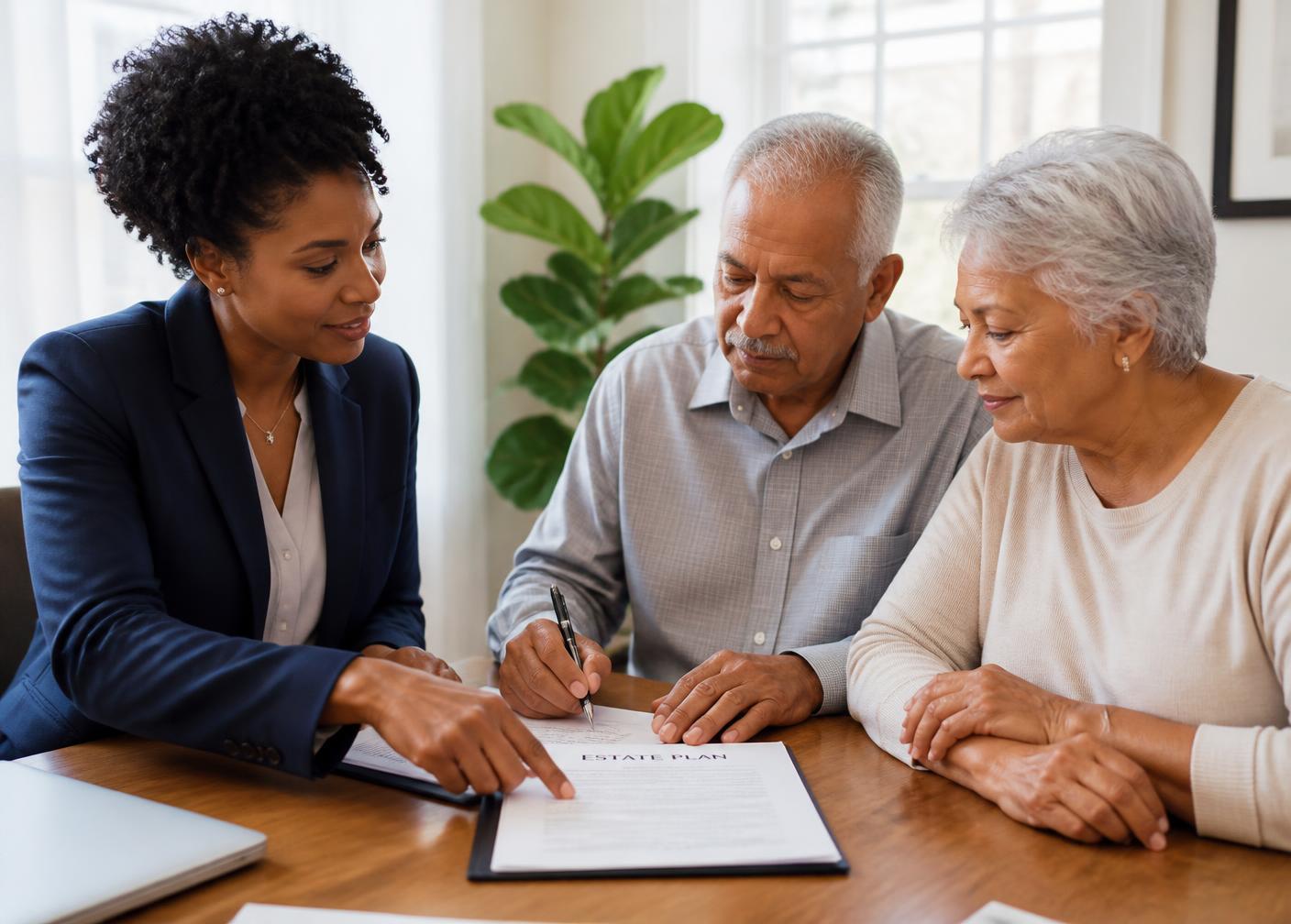 An estate planning specialist guiding an older couple as they review their documents